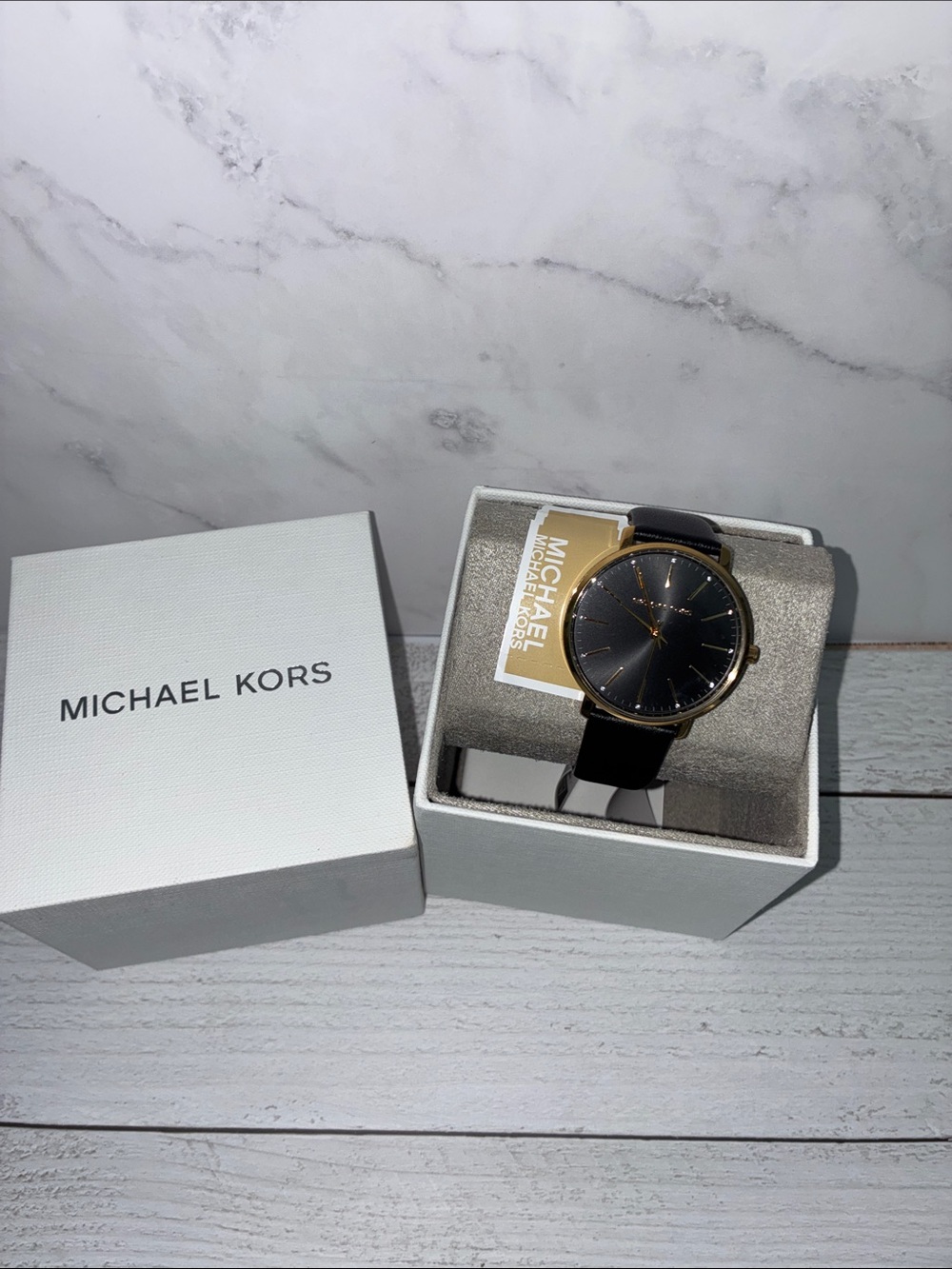 Michael Kors Black Dial Watch with Gold-Tone Case and Black Leather Strap